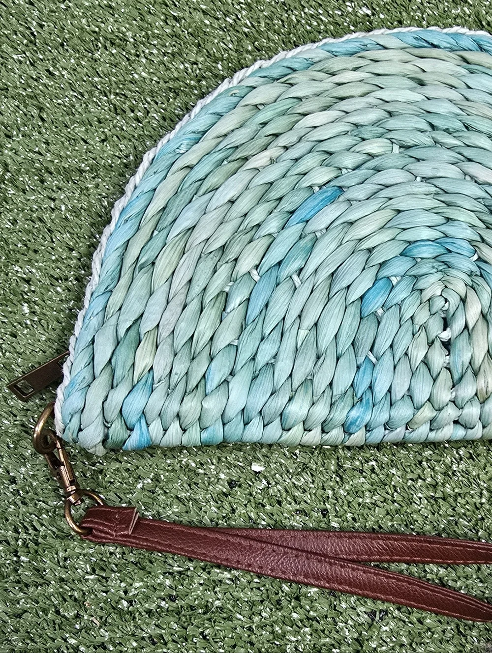 3am Forever Half Moon Blue Sea Glass Dyed Woven Straw Clutch w\ Leather Strap